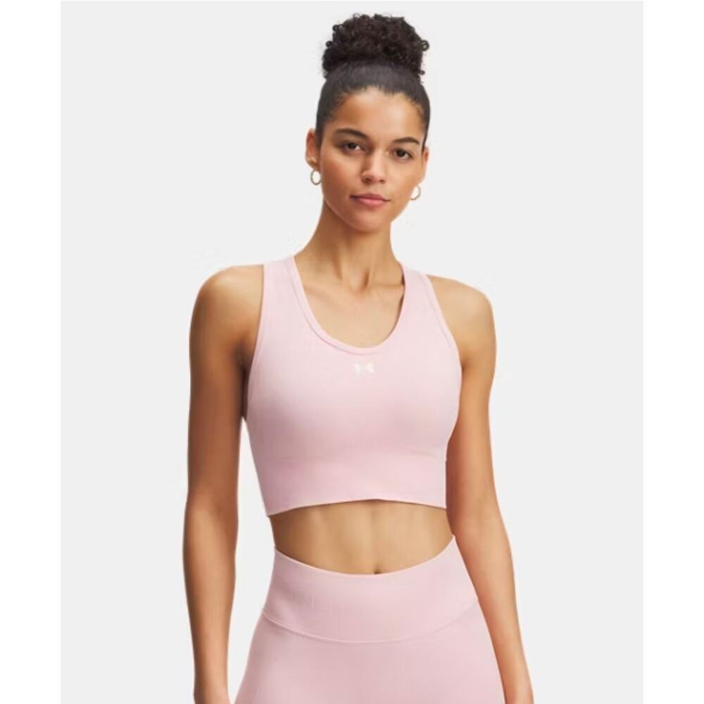 NWT Under Armour Vanish Seamless Low Sports Bra in soft pink color.